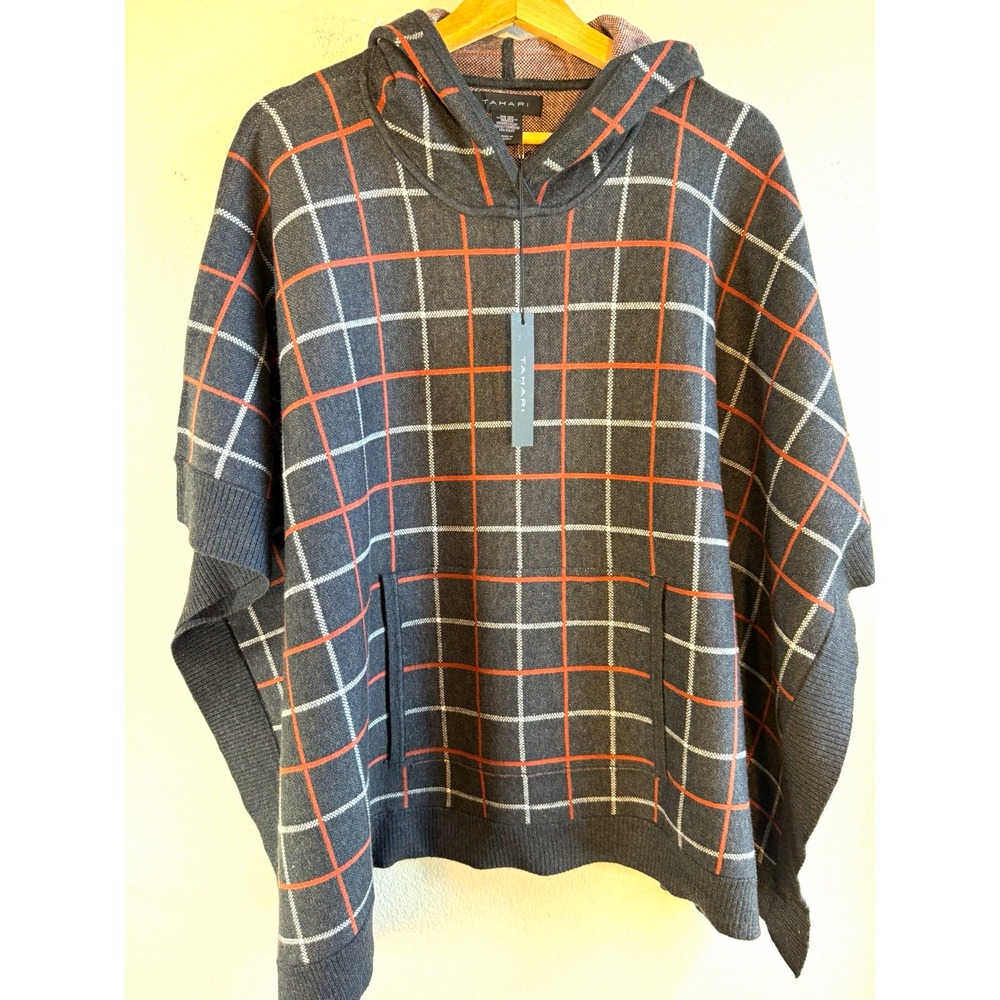 NWT Tahari Womens One Size Gray Plaid Knit Hooded Poncho Pullover Sweater Dolman